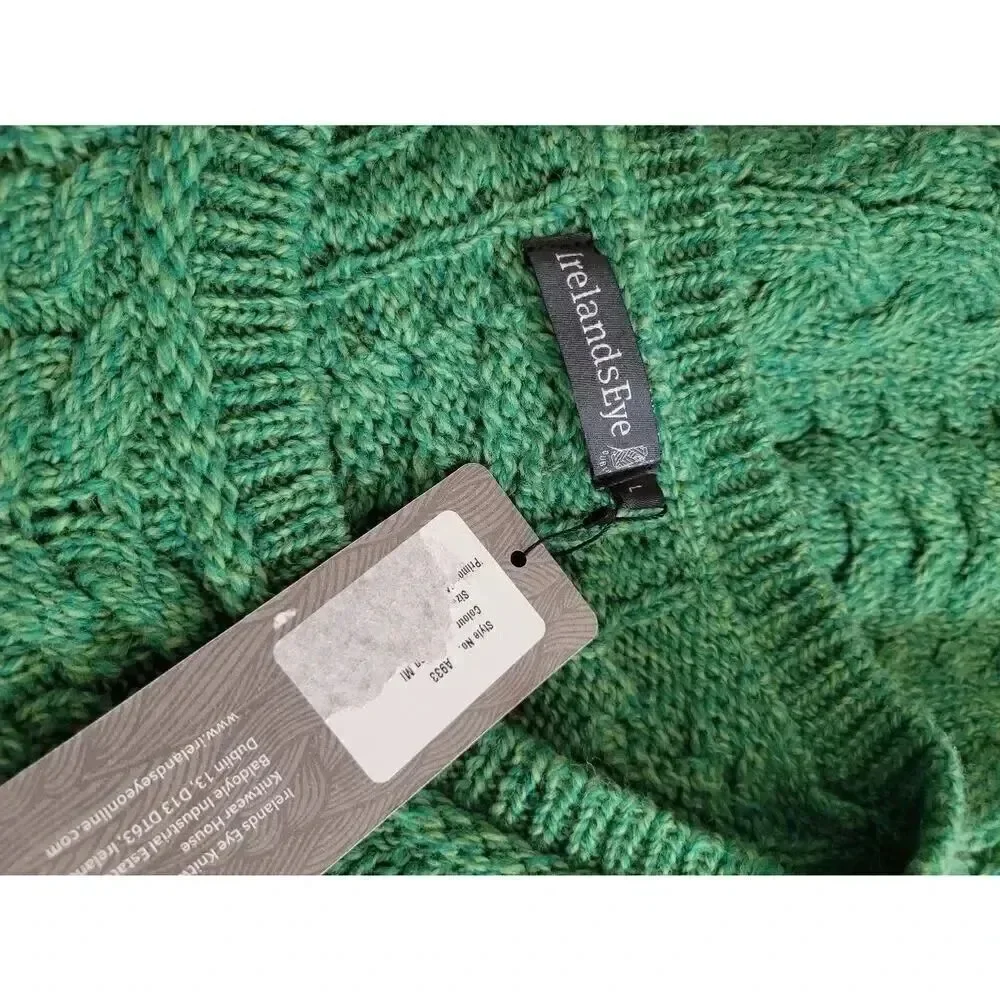 Irelandseye knitwear Primrose A-Line Cable Round Neck Sweater Green Marl L NWT $